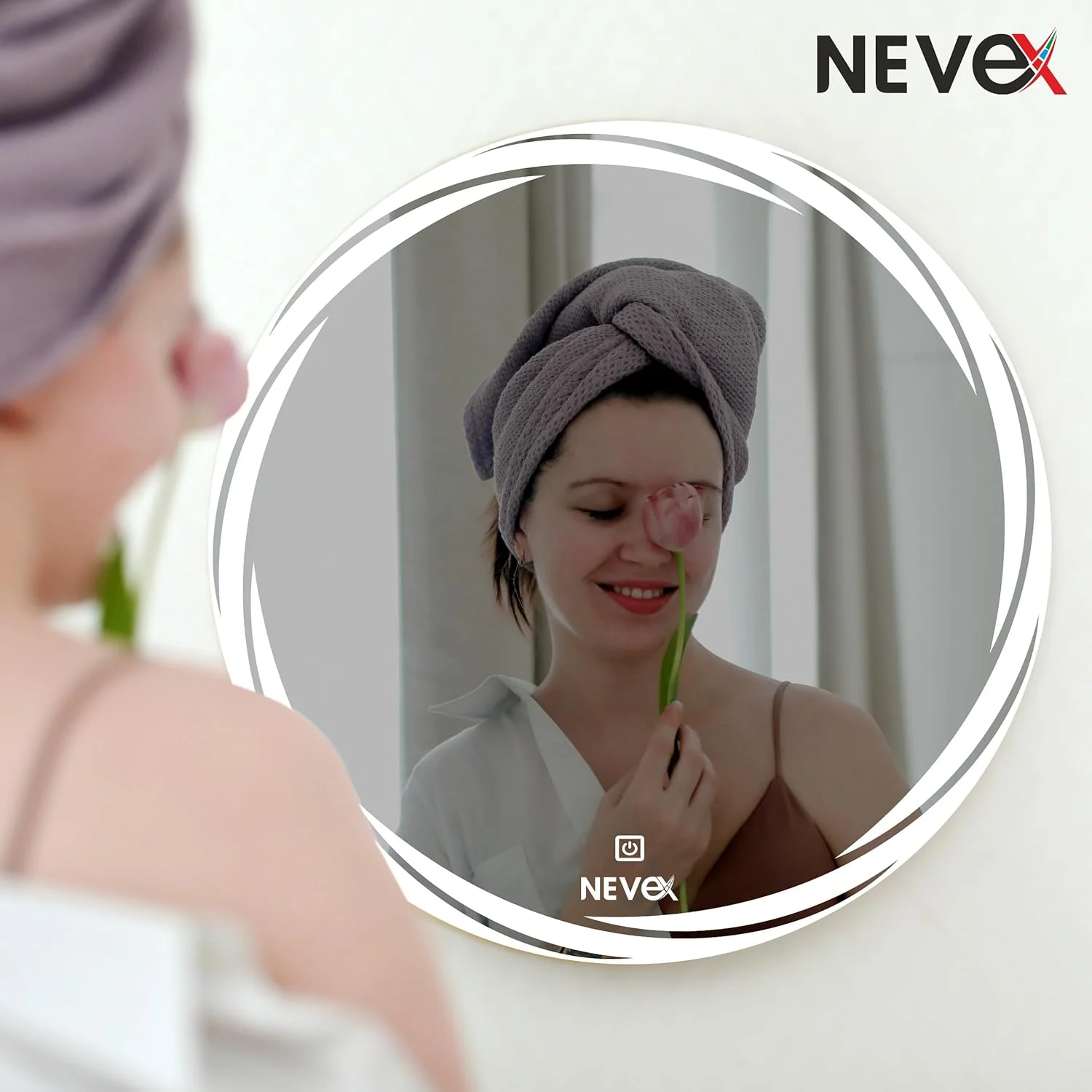 آینه گرد LED NEVEX برای حمام/روشویی/نور LED/آینه حمام با 3 گزینه نورپردازی (گرم، سفید، سفید طبیعی) - نورپردازی شیک برای روشویی شما (60x60 سانتی متر)