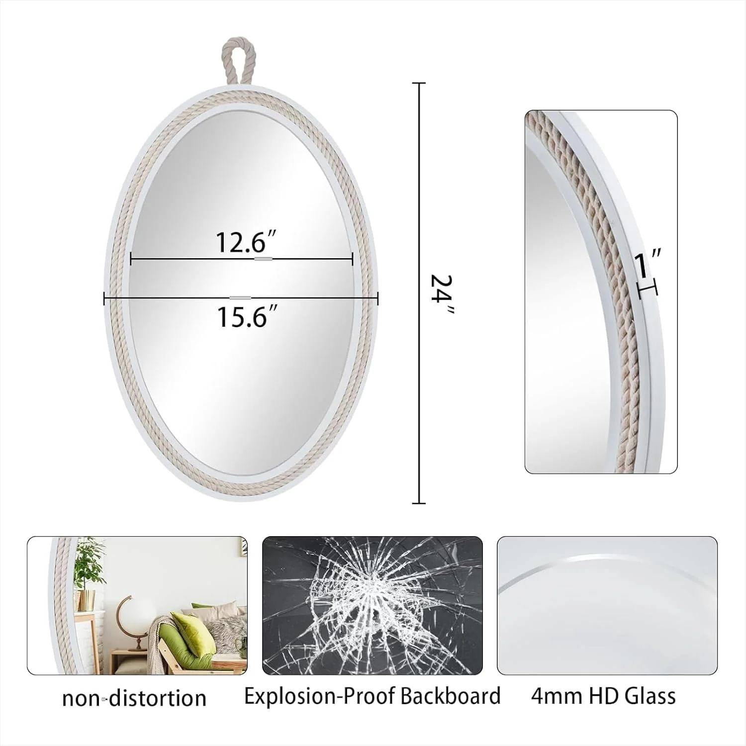 آینه دیواری دریایی ناگینا اینترنشنال با طناب و حلقه آویز، آینه طنابی تزئینی، مناسب برای روشویی حمام، اتاق خواب، میز آرایش، دکوراسیون منزل، راهرو و لوازم جانبی دفتر کار (بیضی)