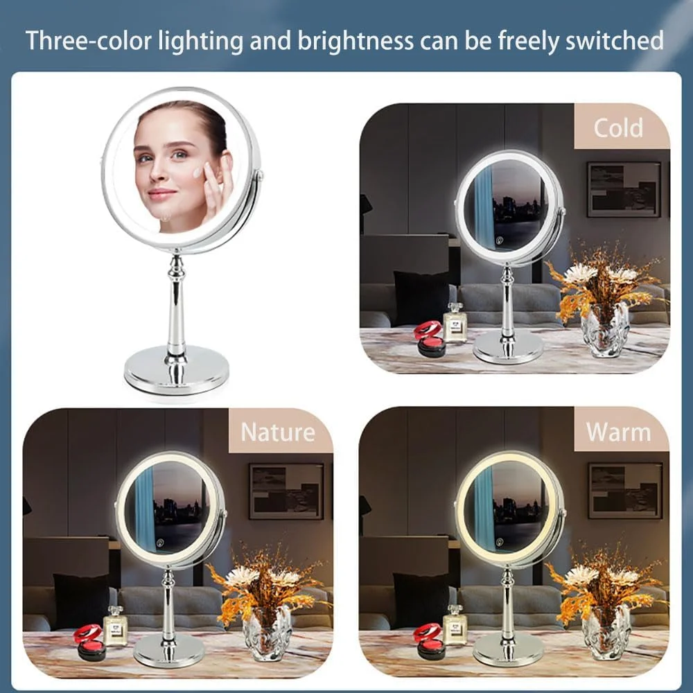 آینه آرایشی چراغ دار NALACAL با بزرگنمایی 1x/10x، آینه رومیزی قابل تنظیم، آینه آرایشی چراغ دار با 3 رنگ نور و بزرگنمایی، آینه آرایشی دو طرفه چرخان 360 درجه قابل شارژ