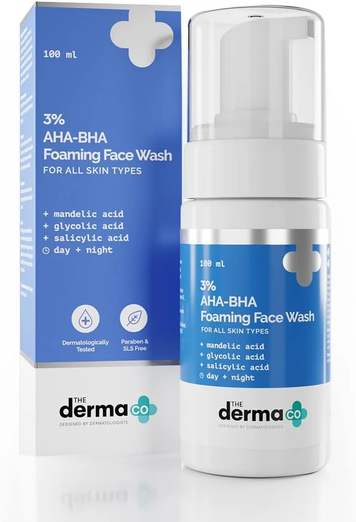 فوم شستشوی صورت 3% AHA-BHA The Derma Co برای کنترل آکنه | پاک کننده لایه بردار و فاقد چربی با اسید سالیسیلیک و گلیکولیک | مبارزه با جوش ها و چربی اضافی | برای پوست های چرب و مستعد آکنه - 100 میلی لیتر