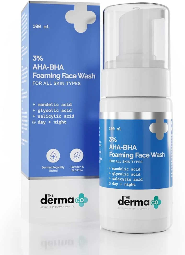 فوم شستشوی صورت 3% AHA-BHA The Derma Co برای کنترل آکنه | پاک کننده لایه بردار و فاقد چربی با اسید سالیسیلیک و گلیکولیک | مبارزه با جوش ها و چربی اضافی | برای پوست های چرب و مستعد آکنه - 100 میلی لیتر