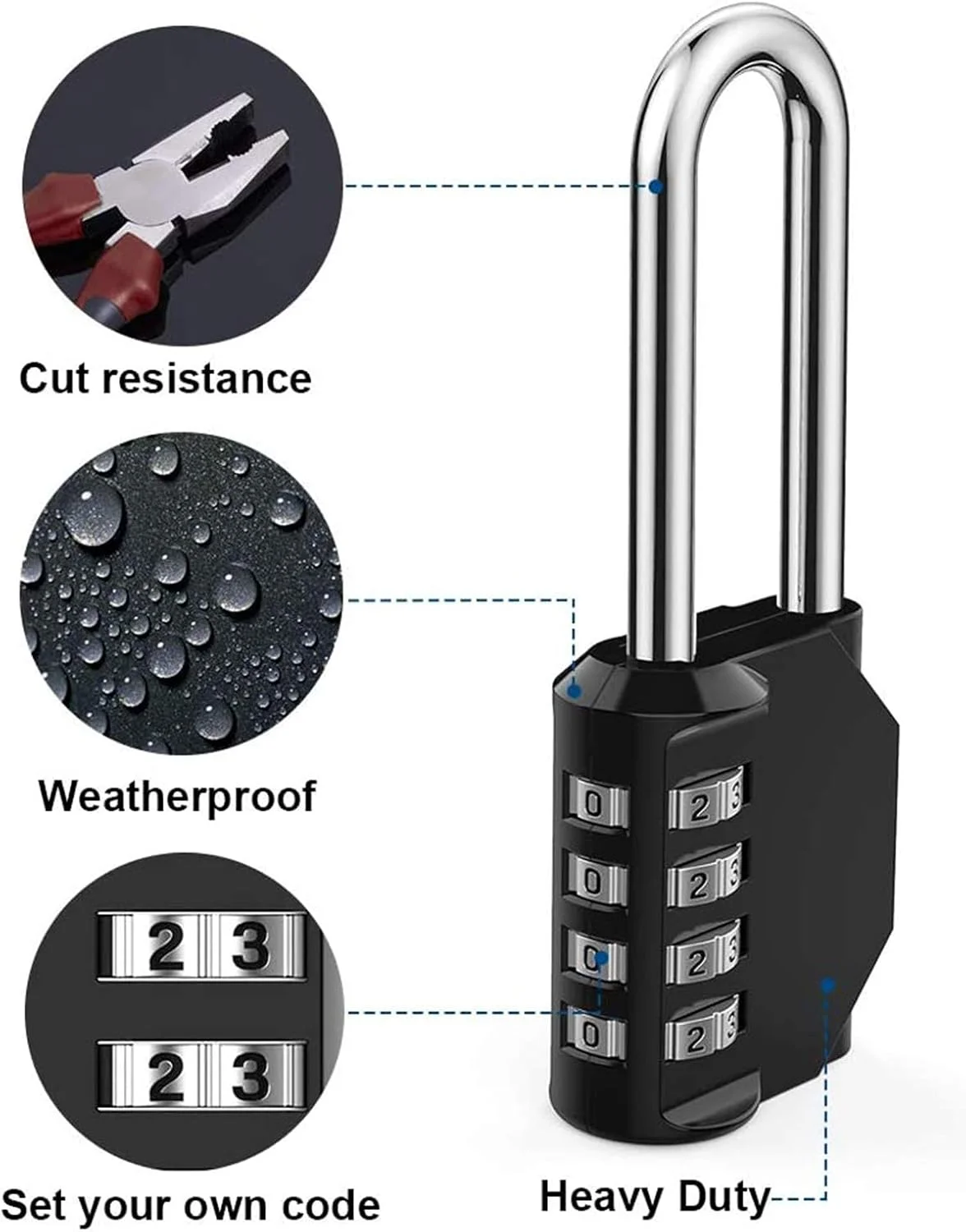 قفل رمزدار ترکیبی سنگین دلفینو - قفل ضد آب، قفل قابل تنظیم مجدد، قفل ترکیبی آلیاژ روی 4 رقمی با حلقه بلند 2.5 اینچی برای سوله، حصار، دروازه، مدرسه، باشگاه، جعبه ابزار - بسته 2 عددی