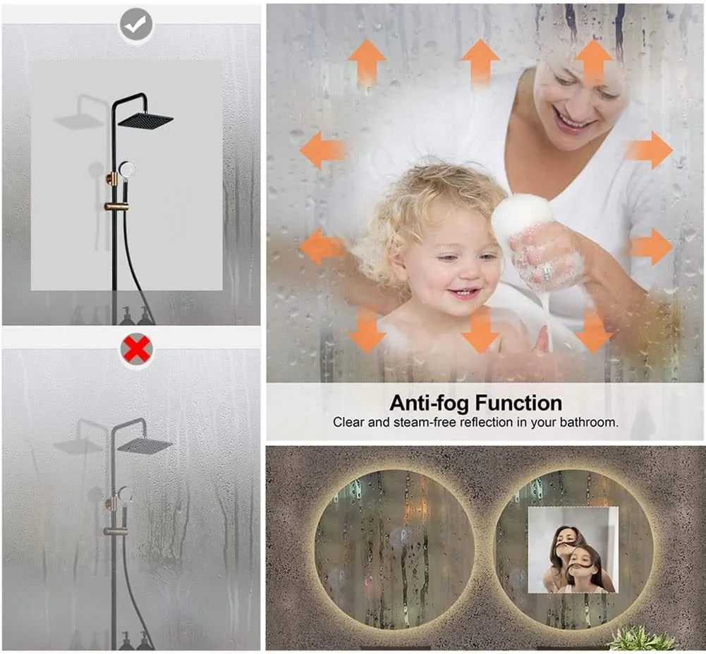 آینه دیواری حمام MZEER با چراغ های LED، آینه آرایشی گرد با نور پس زمینه، کلید لمسی + زمان/دما + ضد مه، آینه آرایشی روشن Zeenyi