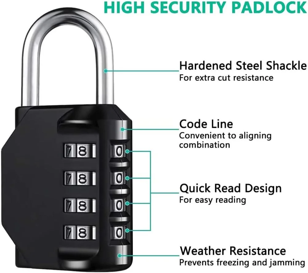 SHOWAY 2 Pcs Combination Padlock with 4-Digit Smooth Dial, Heavy Duty Lock Weather Proof Padlock for Gym, School, Garage, Storage, Luggage Lockers (Black)