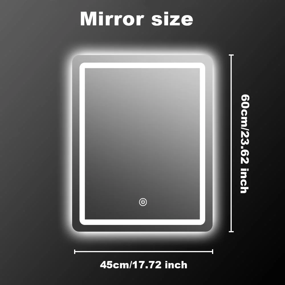 آینه دیواری حمام مایگیوووو، آینه حمام با نورپردازی، آینه با نور ال ای دی، دارای کلید لمسی و 3 رنگ نور، با قابلیت تنظیم نور (60 طول x 45 عرض)