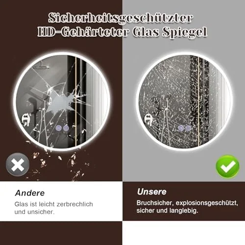 آینه گرد حمام نوردار Mursche، آینه دیواری LED، IP44، 60 سانتی متر، آینه گرد حمام با دکمه لمسی، عملکرد روشنایی، آینه گرد حمام با نور، با قابلیت تنظیم نور برای حمام