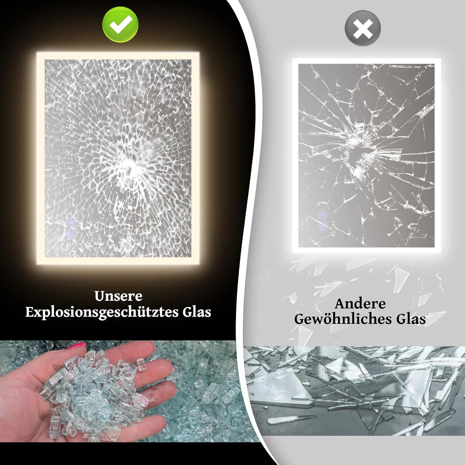 آینه حمام نوردار مورشه، آینه دیواری با نور 50x70 سانتی متر LED، آینه حمام شیشه ای ضد انفجار با کلید لمسی و عملکرد رطوبت گیر برای حمام