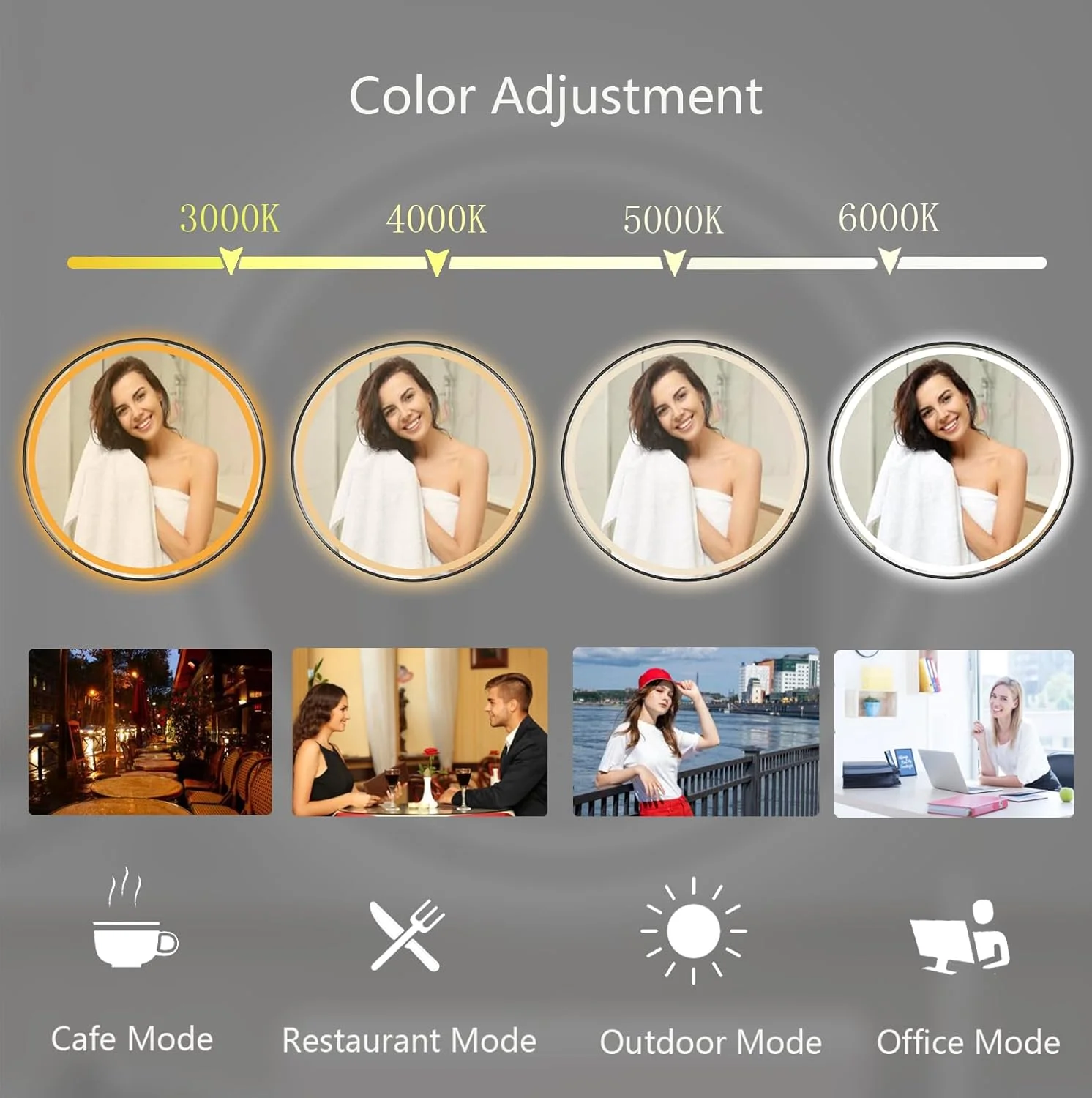 آینه حمام LED Msrorriw با چراغ، گرد 60 سانتی‌متری، آینه روشویی دیواری با قابلیت تنظیم نور، ضد بخار، مناسب آرایش (60x60 سانتی‌متر، مشکی)