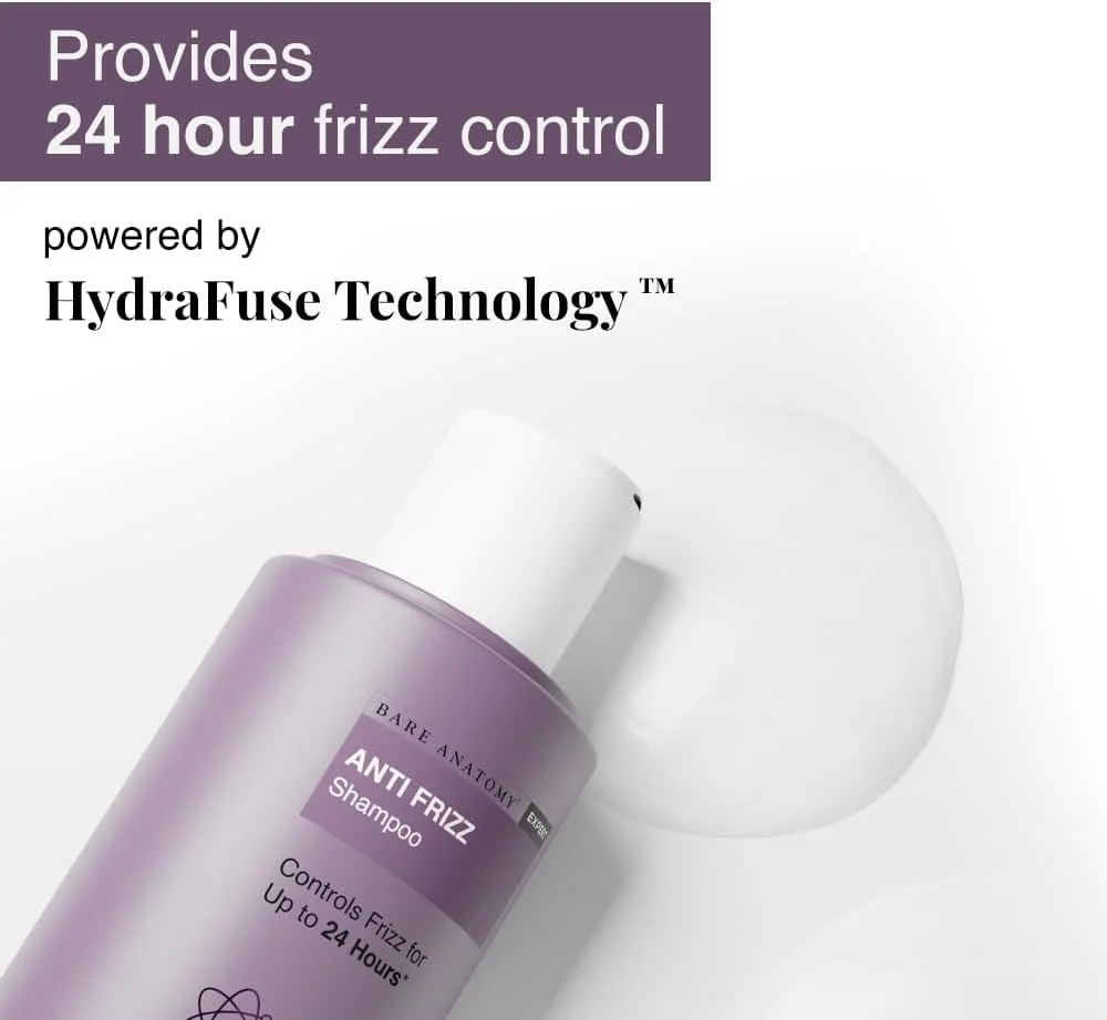 شامپو ضد وز Bare Anatomy، کنترل وز تا 24 ساعت، غنی شده با اسید هیالورونیک و اسیدهای چرب، موهای صاف، درخشان و بدون وز، بدون پارابن و سولفات، مناسب برای خانم ها و آقایان، 250 میلی لیتر