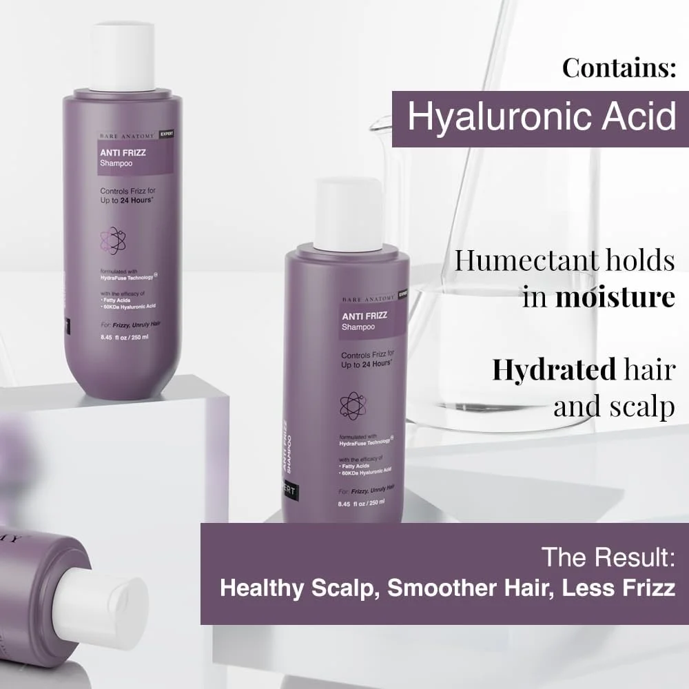 شامپو ضد وز Bare Anatomy، کنترل وز تا 24 ساعت، غنی شده با اسید هیالورونیک و اسیدهای چرب، موهای صاف، درخشان و بدون وز، بدون پارابن و سولفات، مناسب برای خانم ها و آقایان، 250 میلی لیتر
