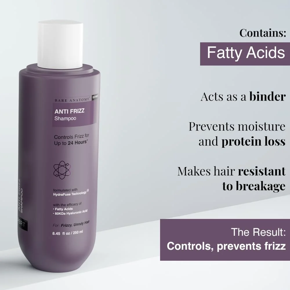 شامپو ضد وز Bare Anatomy، کنترل وز تا 24 ساعت، غنی شده با اسید هیالورونیک و اسیدهای چرب، موهای صاف، درخشان و بدون وز، بدون پارابن و سولفات، مناسب برای خانم ها و آقایان، 250 میلی لیتر