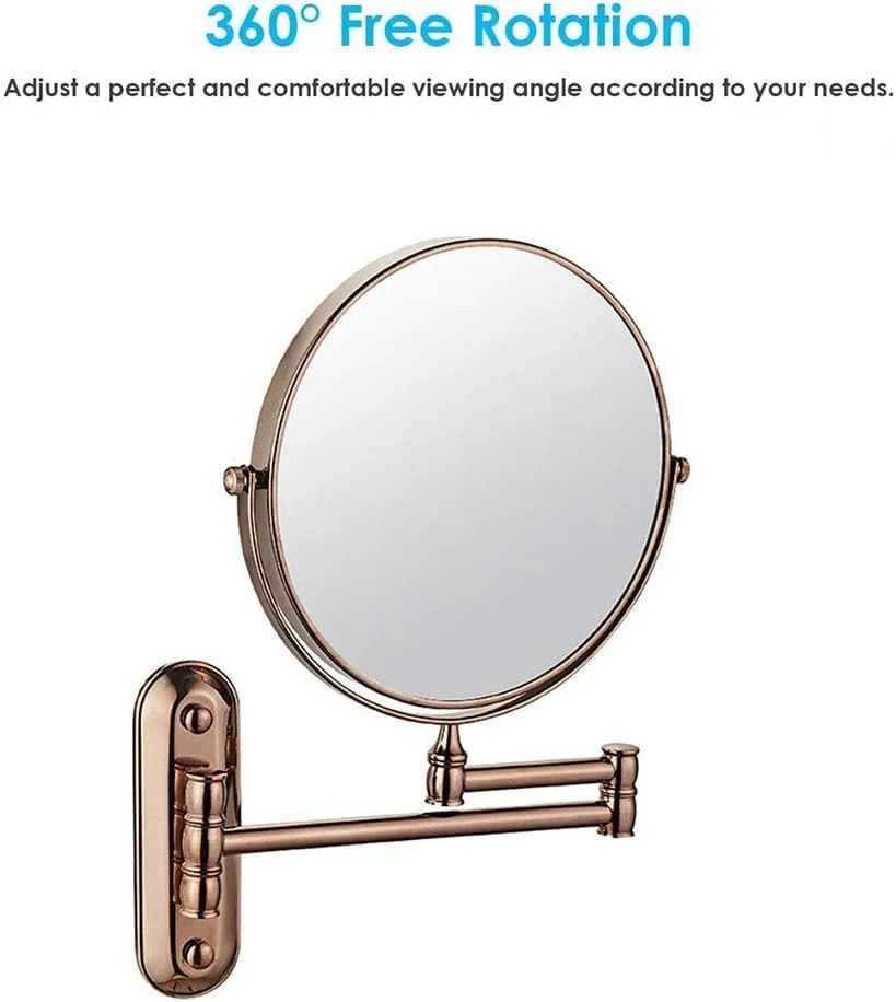 آینه آرایشی دیواری، آینه رومیزی دو طرفه 8 اینچی با بزرگنمایی، بازوی قابل گسترش، چرخش 360 درجه، گرد، مناسب برای حمام