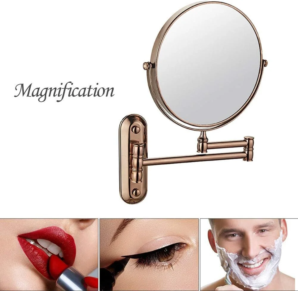 آینه آرایشی دیواری، آینه رومیزی دو طرفه 8 اینچی با بزرگنمایی، بازوی قابل گسترش، چرخش 360 درجه، گرد، مناسب برای حمام