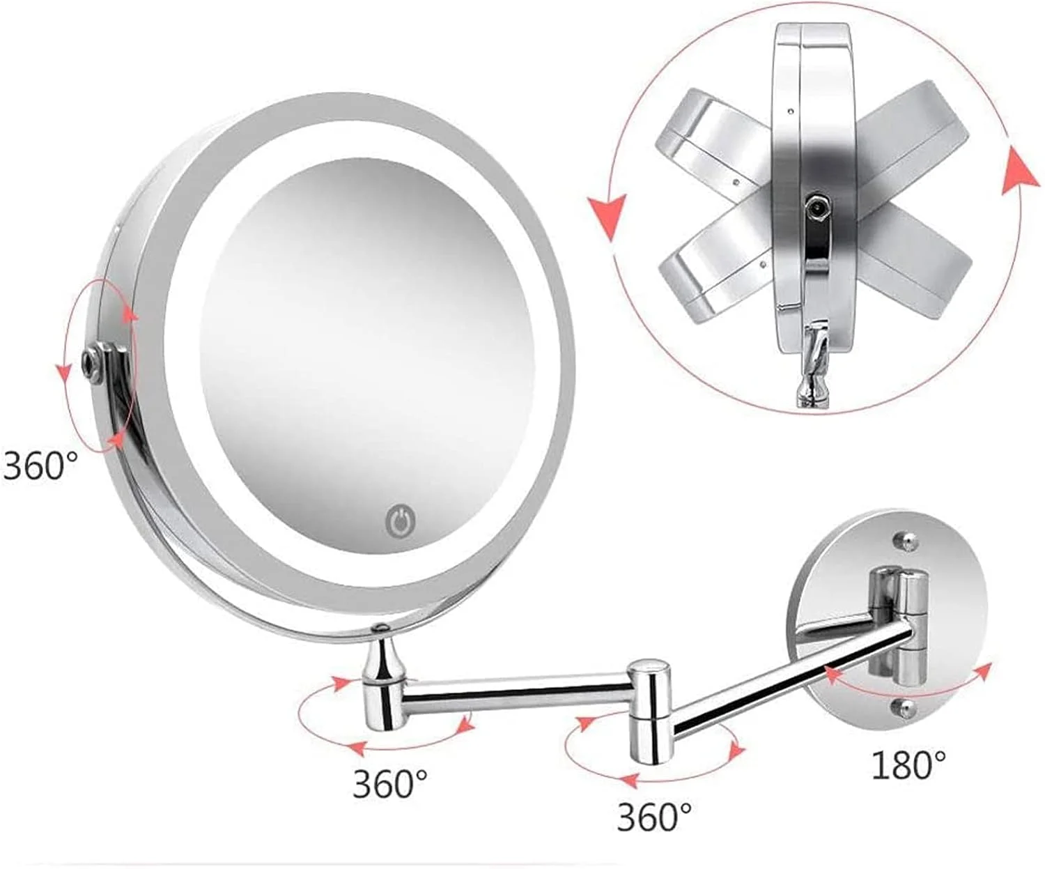 آینه آرایشی دیواری، بازوی چرخشی 180 درجه به چپ و راست، 8 اینچ، آینه حمام دو طرفه چرخان 360 درجه، روکش کروم براق آینه آرایشی دیواری، بازوی چرخشی 180 درجه به چپ و راست، 8 اینچ، آینه حمام دو طرفه چرخان 360 درجه، روکش کروم براق