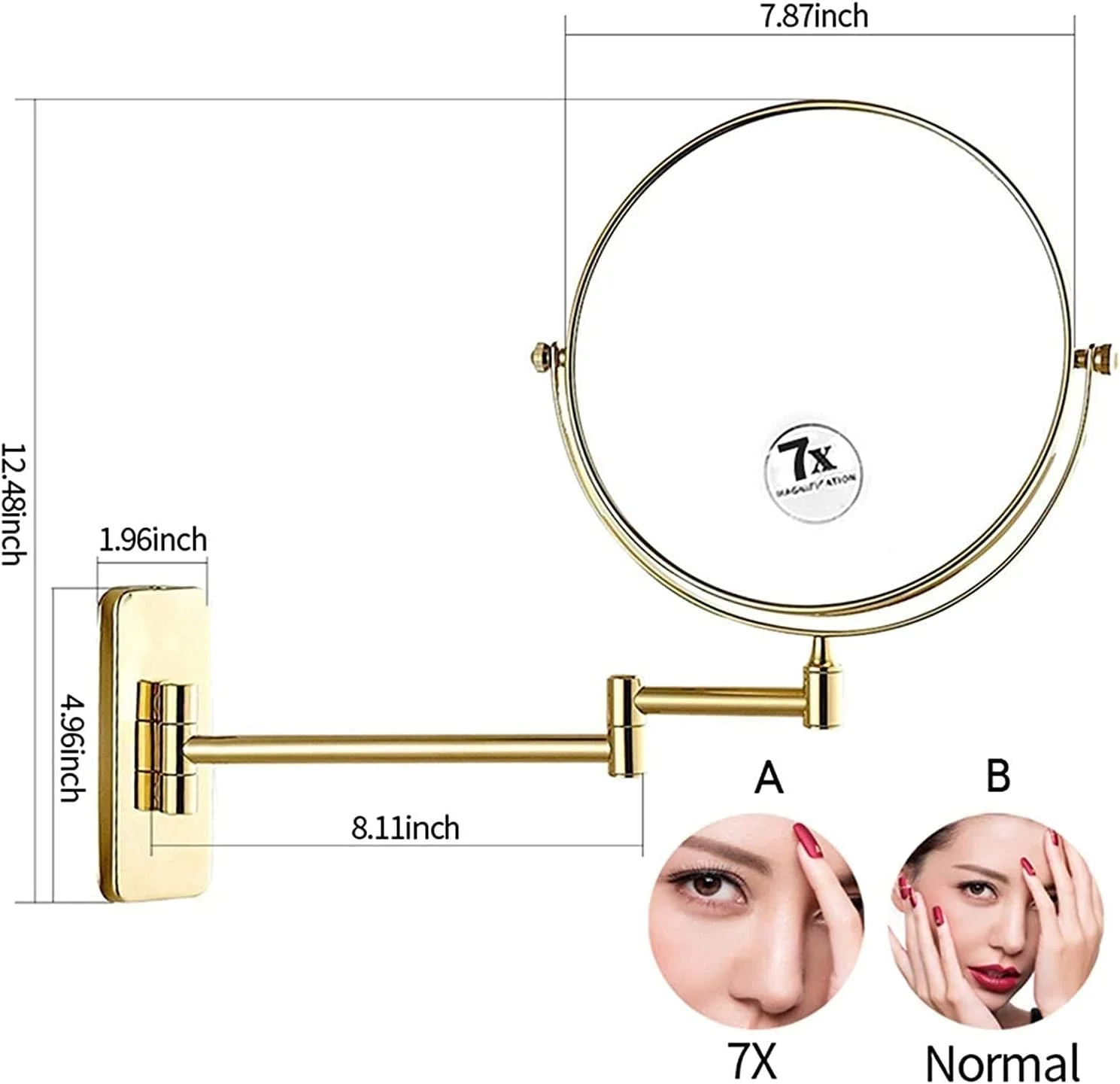 آینه های دیواری، آینه آرایشی طلایی 8 اینچی، آینه اصلاح تاشو و چرخشی 360 درجه حمام (رنگ: 5X) (7X)