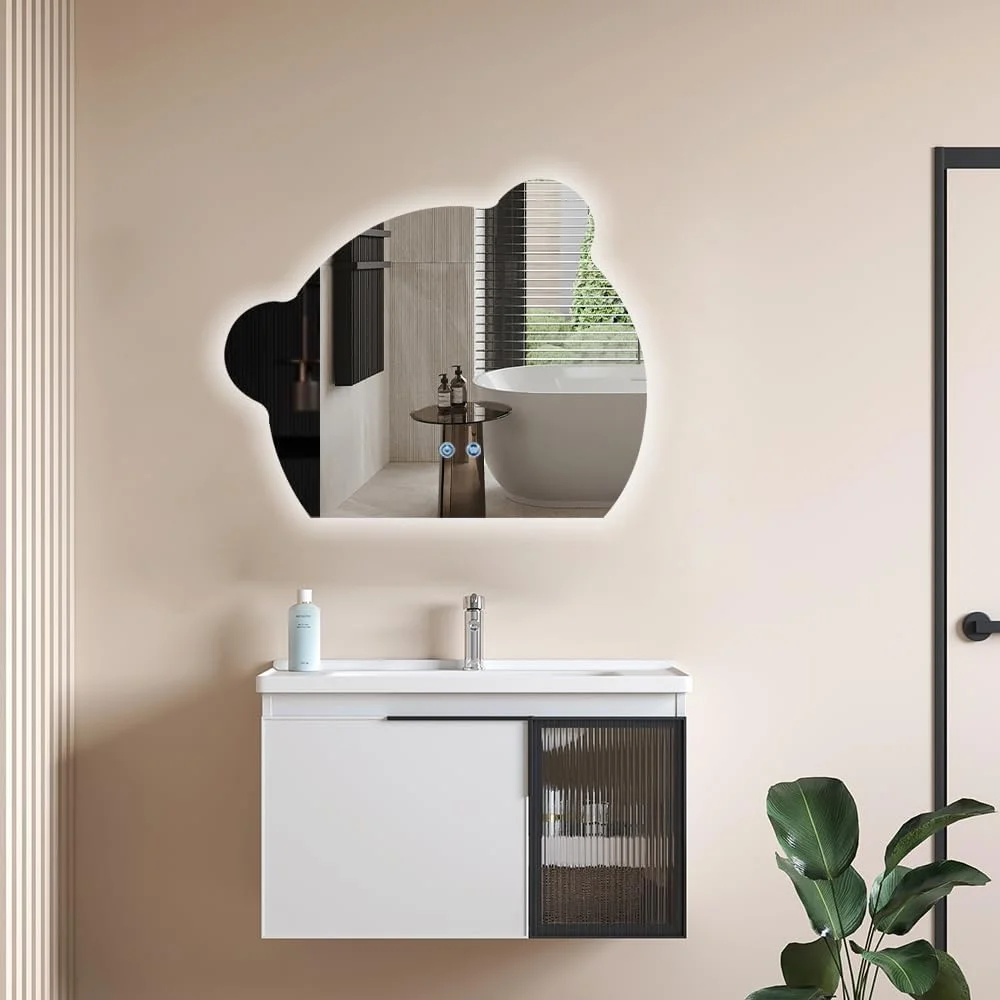 آینه دیواری خرسی بامزه VPARTY، آینه روشویی چند منظوره دیواری حمام با چراغ های LED، نور LED سه رنگ قابل تنظیم، آینه تزئینی برای خانه (80x60 سانتی متر)