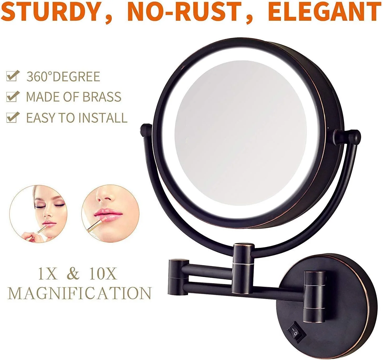 آینه آرایشی ال ای دی دیواری 8 اینچی، آینه بزرگنمایی 10 برابر با دکمه سوئیچ، آینه روشویی تاشو با چرخش 360 درجه برای حمام، هتل، اسپا، با منبع تغذیه پلاگین