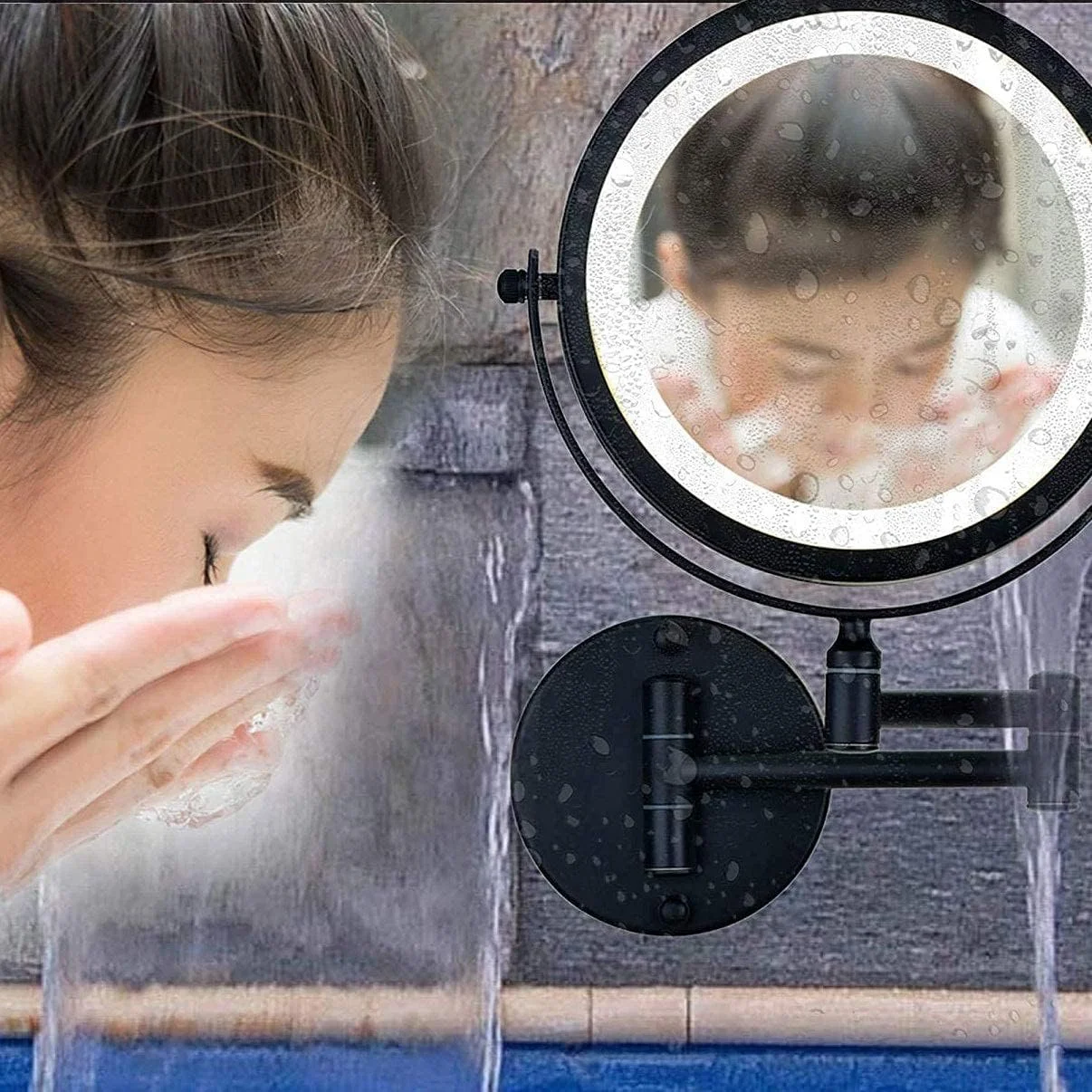 آینه آرایشی ال ای دی دیواری 8 اینچی، آینه بزرگنمایی 10 برابر با دکمه سوئیچ، آینه روشویی تاشو با چرخش 360 درجه برای حمام، هتل، اسپا، با منبع تغذیه پلاگین