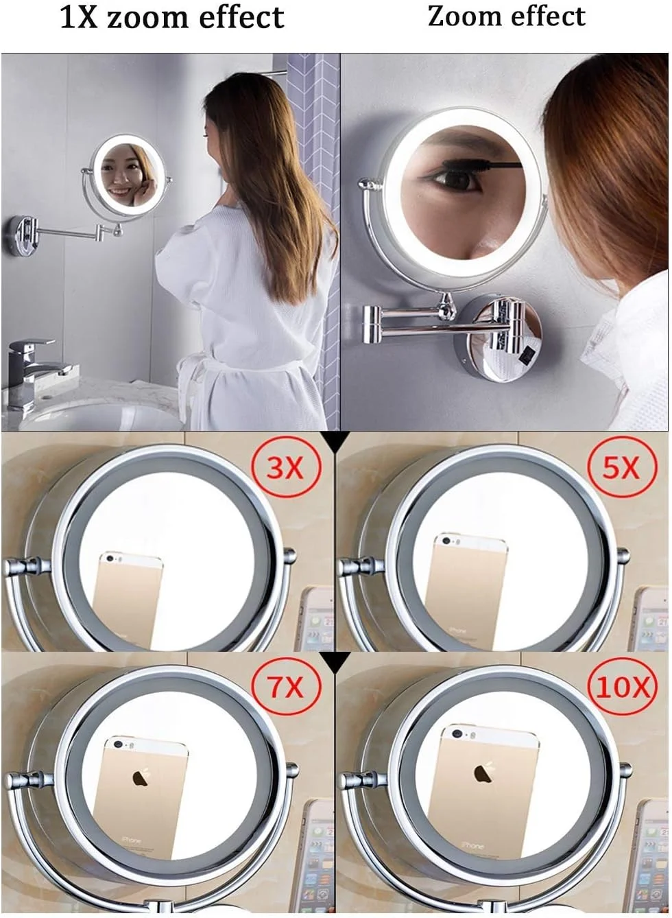 آینه آرایشی دیواری تاشو دو طرفه برای حمام و اصلاح با قابلیت چرخش 360 درجه و بزرگنمایی (رنگ: C، اندازه: 7X) (C 10X)