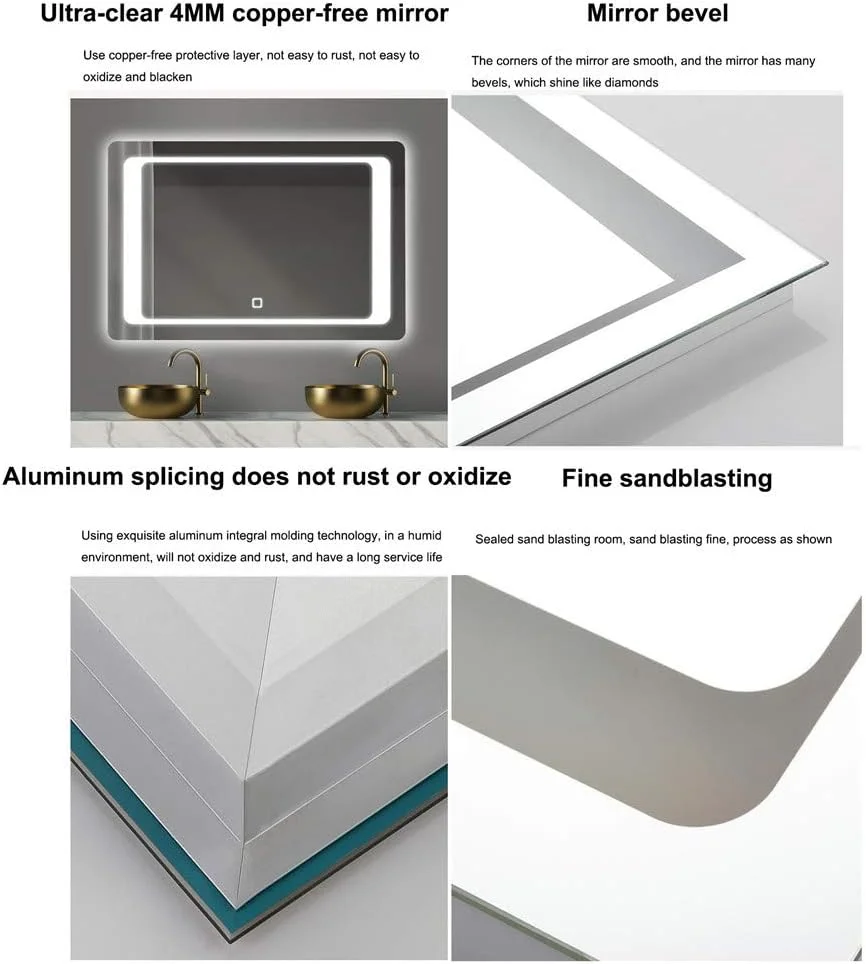 آینه آرایشی دیواری، آینه حمام روشنایی LED، ضد مه، لومن بالا، ضد آب IP 44، دکمه لمسی هوشمند، نور سفید، 70×90 سانتی متر آینه آرایشی دیواری، آینه حمام روشنایی LED، ضد مه، لومن بالا، ضد آب IP 44، دکمه لمسی هوشمند، نور سفید، 70×90 سانتی متر