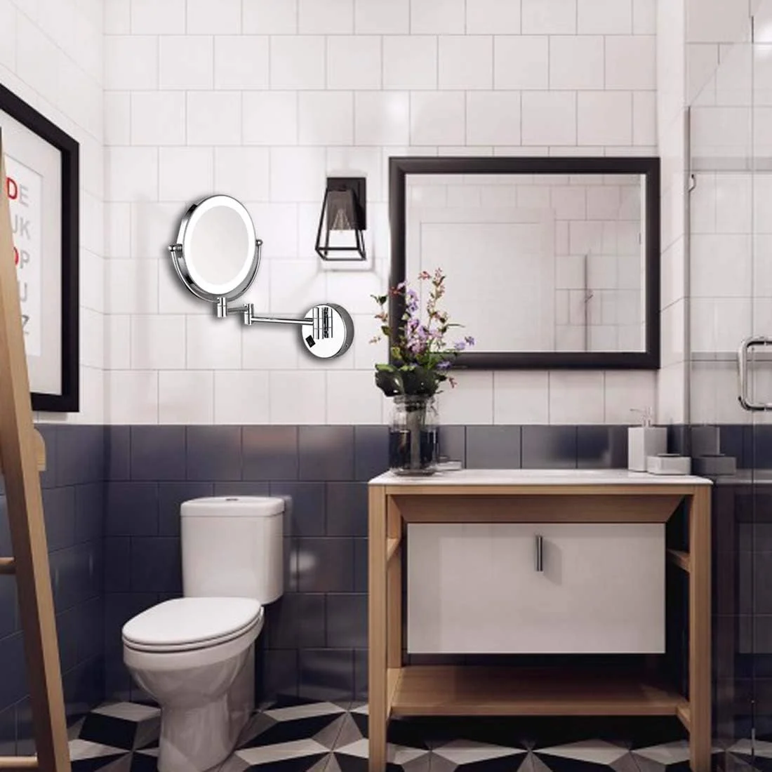 آینه آرایشی دیواری با نور پس زمینه 8 اینچی بزرگنمایی 1X/10X آینه بزرگنمایی حمام آینه دو طرفه چرخان، آینه اصلاح کروم