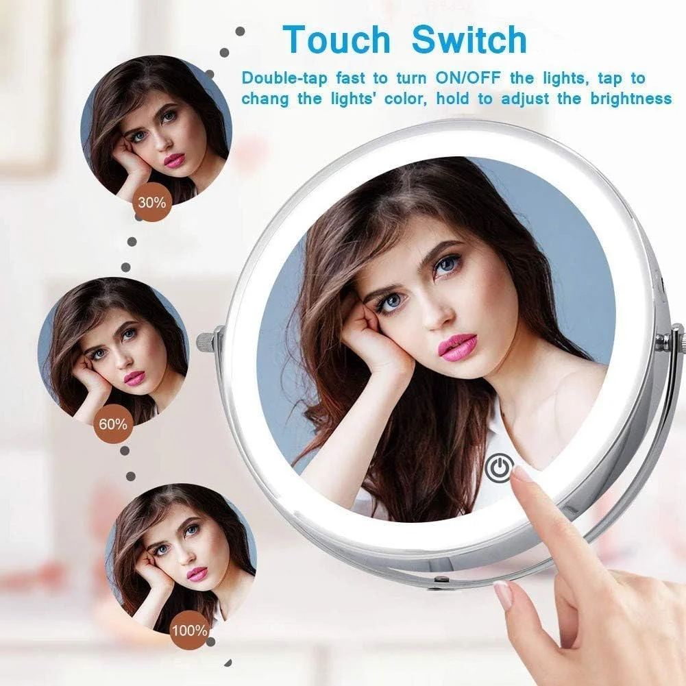 آینه آرایشی گرد دیواری برای حمام، آینه بزرگنمایی 10 برابر، 8 اینچ، دو طرفه، چرخش 360 درجه