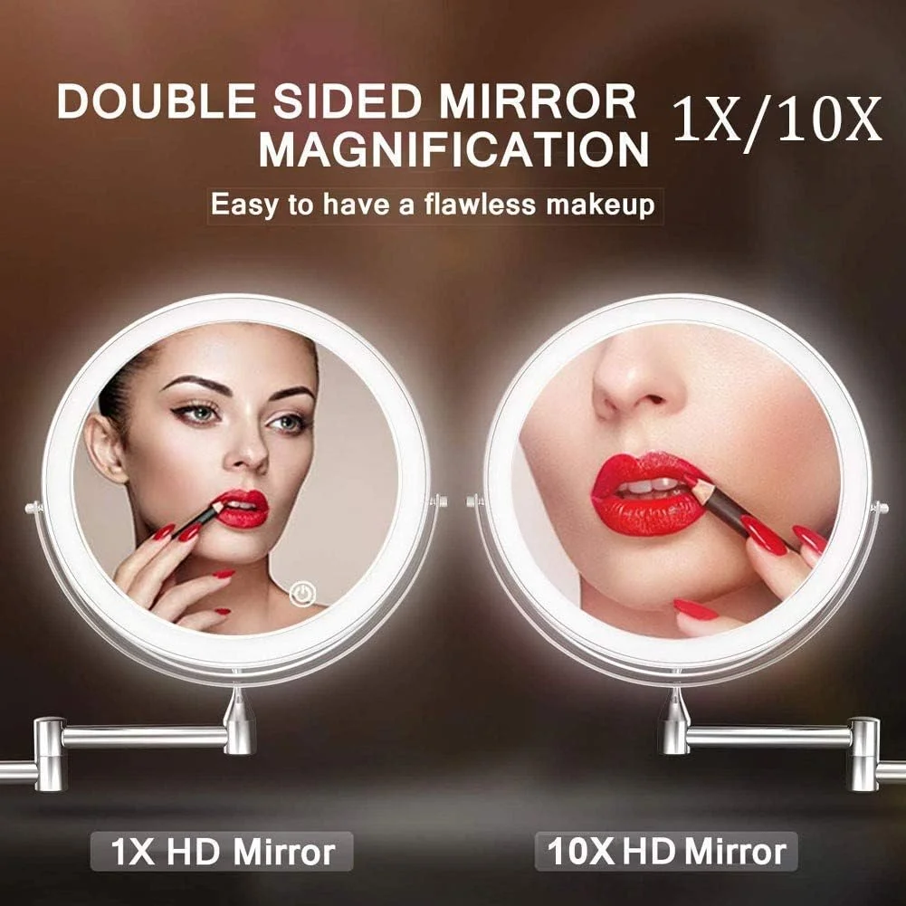 آینه آرایشی گرد دیواری برای حمام، آینه بزرگنمایی 10 برابر، 8 اینچ، دو طرفه، چرخش 360 درجه