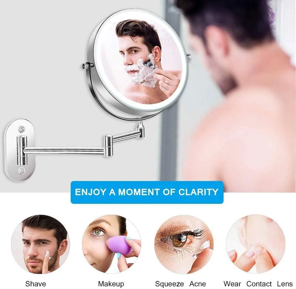 آینه آرایشی گرد دیواری برای حمام، آینه بزرگنمایی 10 برابر، 8 اینچ، دو طرفه، چرخش 360 درجه