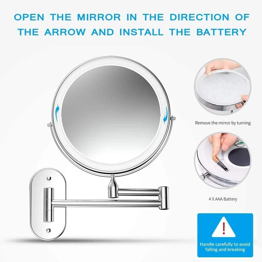 آینه آرایشی گرد دیواری برای حمام، آینه بزرگنمایی 10 برابر، 8 اینچ، دو طرفه، چرخش 360 درجه