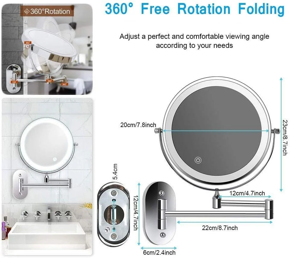 آینه آرایشی گرد دیواری برای حمام، آینه بزرگنمایی 10 برابر، 8 اینچ، دو طرفه، چرخش 360 درجه