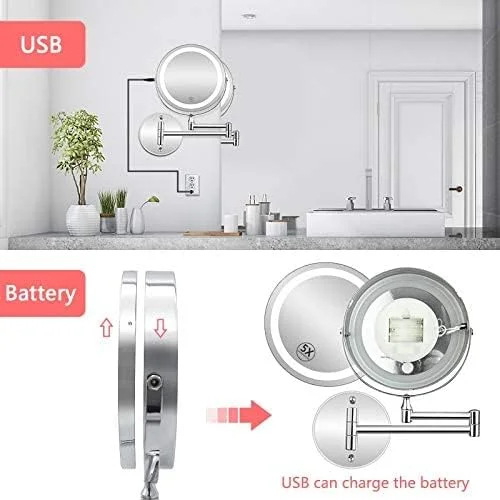آینه آرایشی دیواری، آینه حمام با نور LED، آینه آرایشی بزرگنمایی 1X/5X، شارژ USB، لمسی و دیمر دار آینه آرایشی دیواری، آینه حمام با نور LED، آینه آرایشی بزرگنمایی 1X/5X، شارژ USB، لمسی و دیمر دار