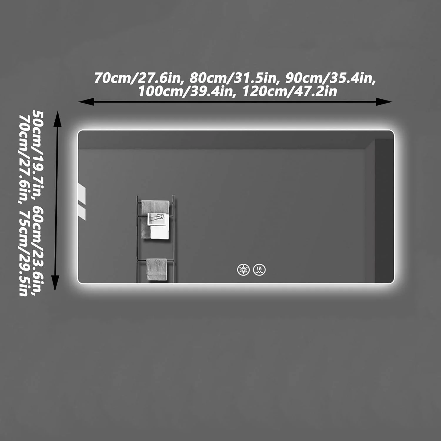 آینه دیواری، آینه مربعی حمام با نور LED و پد ضد بخار، نور LED سه رنگ قابل تنظیم، آینه های دیواری با حسگر لمسی، برای اتاق نشیمن و حمام (اندازه: 90x150 سانتی متر)