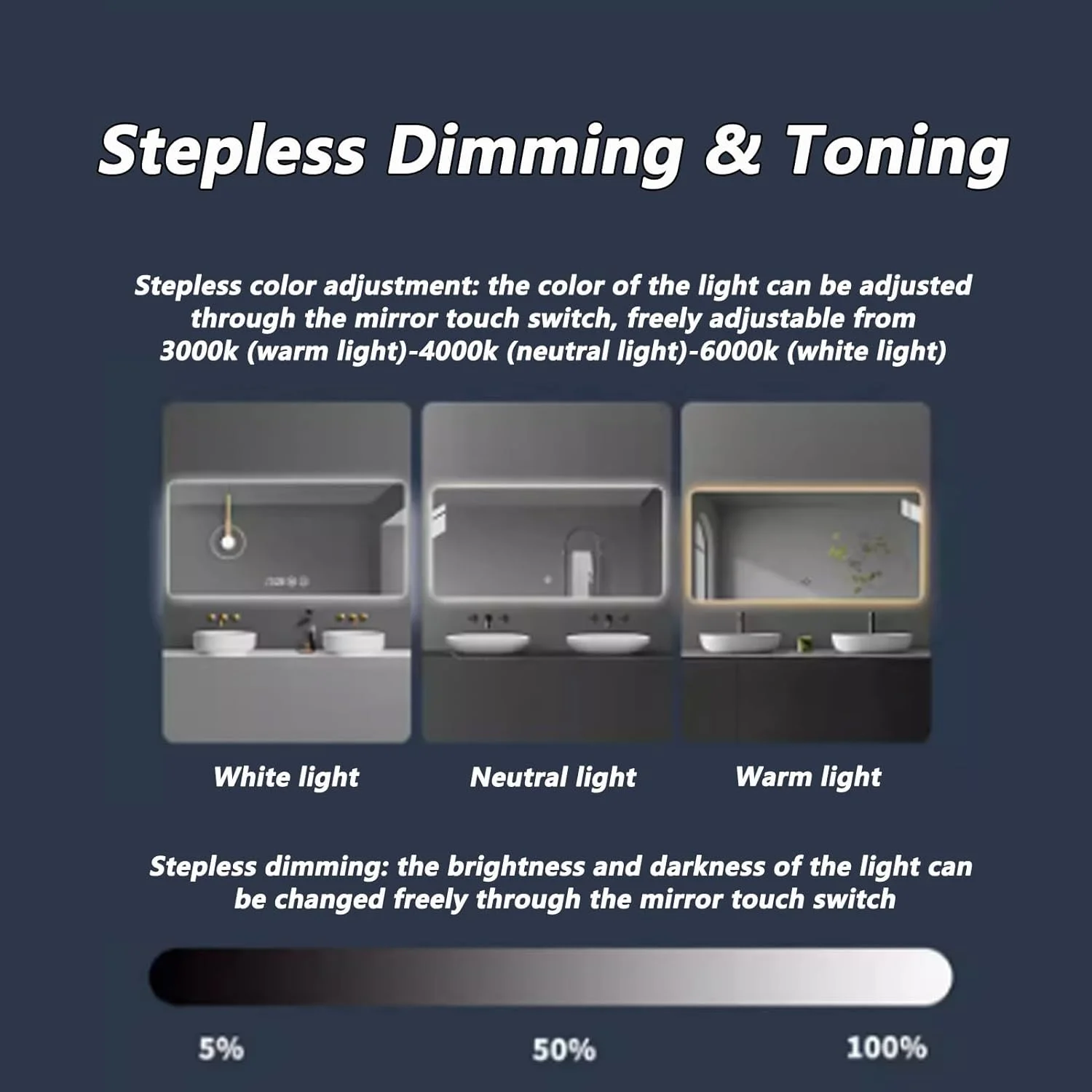 آینه دیواری، آینه مربعی حمام با نور LED و پد ضد بخار، نور LED سه رنگ قابل تنظیم، آینه های دیواری با حسگر لمسی، برای اتاق نشیمن و حمام (اندازه: 90x150 سانتی متر)