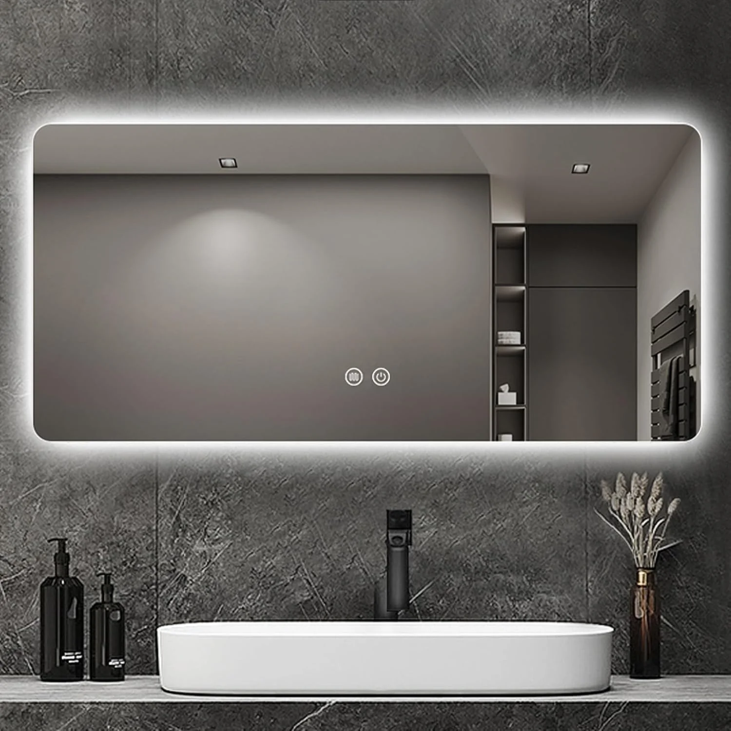 آینه دیواری، آینه مربعی حمام با نور LED و پد ضد بخار، نور LED سه رنگ با قابلیت تنظیم نور، آینه های دیواری با حسگر لمسی، برای اتاق نشیمن و حمام (اندازه: 90x150 سانتی متر) آینه دیواری، آینه مربعی حمام با نور LED و پد ضد بخار، نور LED سه رنگ با قابلیت تنظیم نور، آینه های دیواری با حسگر لمسی، برای اتاق نشیمن و حمام (اندازه: 90x150 سانتی متر)