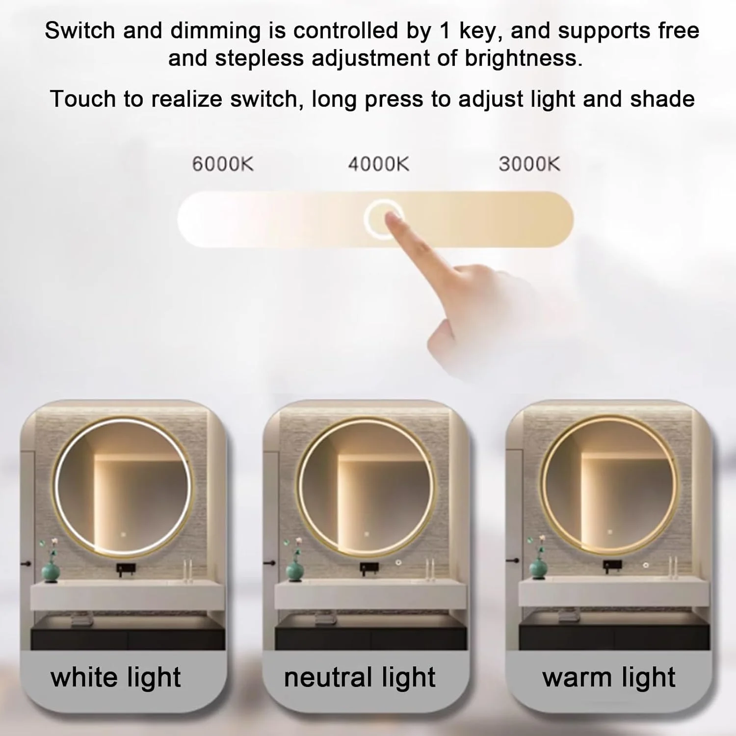 آینه گرد دیواری، آینه حمام LED، آینه با قاب آلیاژ آلومینیوم، 3 رنگ نور آینه روشویی روشن، آینه تک لمسی، دیمر دار (اندازه: 70 سانتی متر)