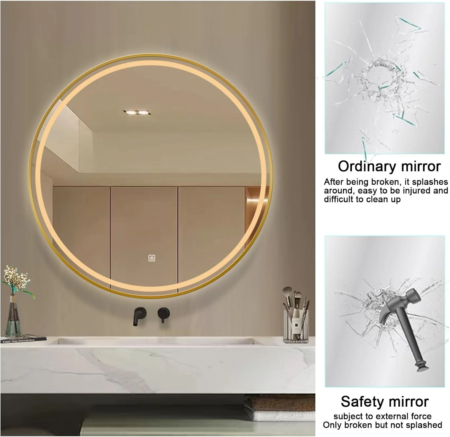 آینه گرد دیواری، آینه حمام LED، آینه با قاب آلیاژ آلومینیوم، 3 رنگ نور آینه روشویی روشن، آینه تک لمسی، دیمر دار (اندازه: 70 سانتی متر)