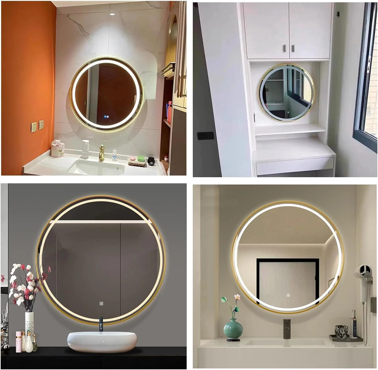 آینه گرد دیواری، آینه حمام LED، آینه با قاب آلیاژ آلومینیوم، 3 رنگ نور آینه روشویی روشن، آینه تک لمسی، دیمر دار (اندازه: 70 سانتی متر)