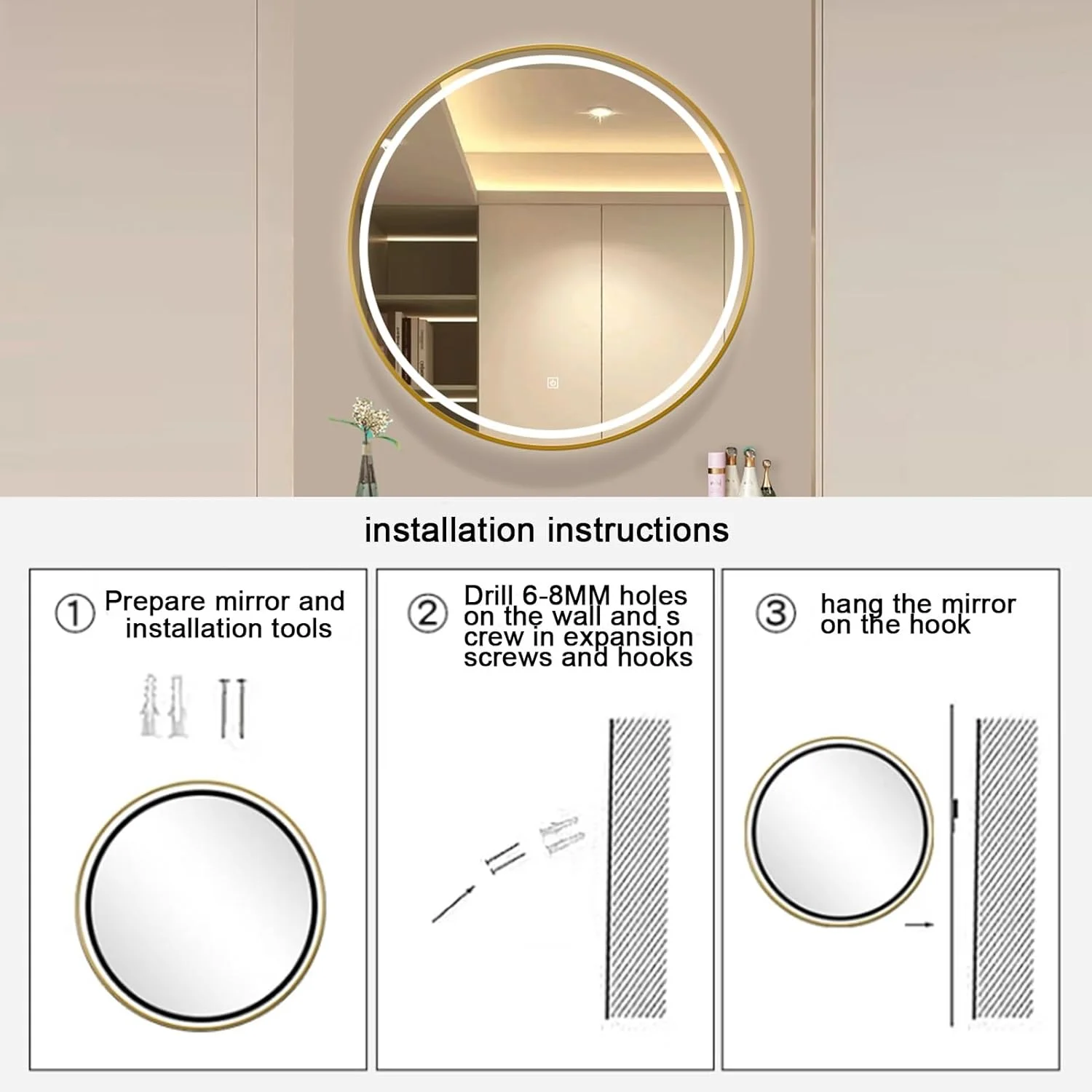 آینه گرد دیواری، آینه حمام LED، آینه با قاب آلیاژ آلومینیوم، 3 رنگ نور آینه روشویی روشن، آینه تک لمسی، دیمر دار (اندازه: 70 سانتی متر)