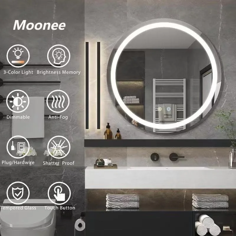 Moonee Round led Bathroom Mirror,32 Inch Front Lighted Smart Mirror Bathroom,3 Color Circle led Light Mirror,Round Bathroom Mirrors Wall Mounted,Anti-Fog,Framless,Dimmable,CRI90+,IP54 Waterproof Moonee Round led Bathroom Mirror,32 Inch Front Lighted Smart Mirror Bathroom,3 Color Circle led Light Mirror,Round Bathroom Mirrors Wall Mounted,Anti-Fog,Framless,Dimmable,CRI90+,IP54 Waterproof