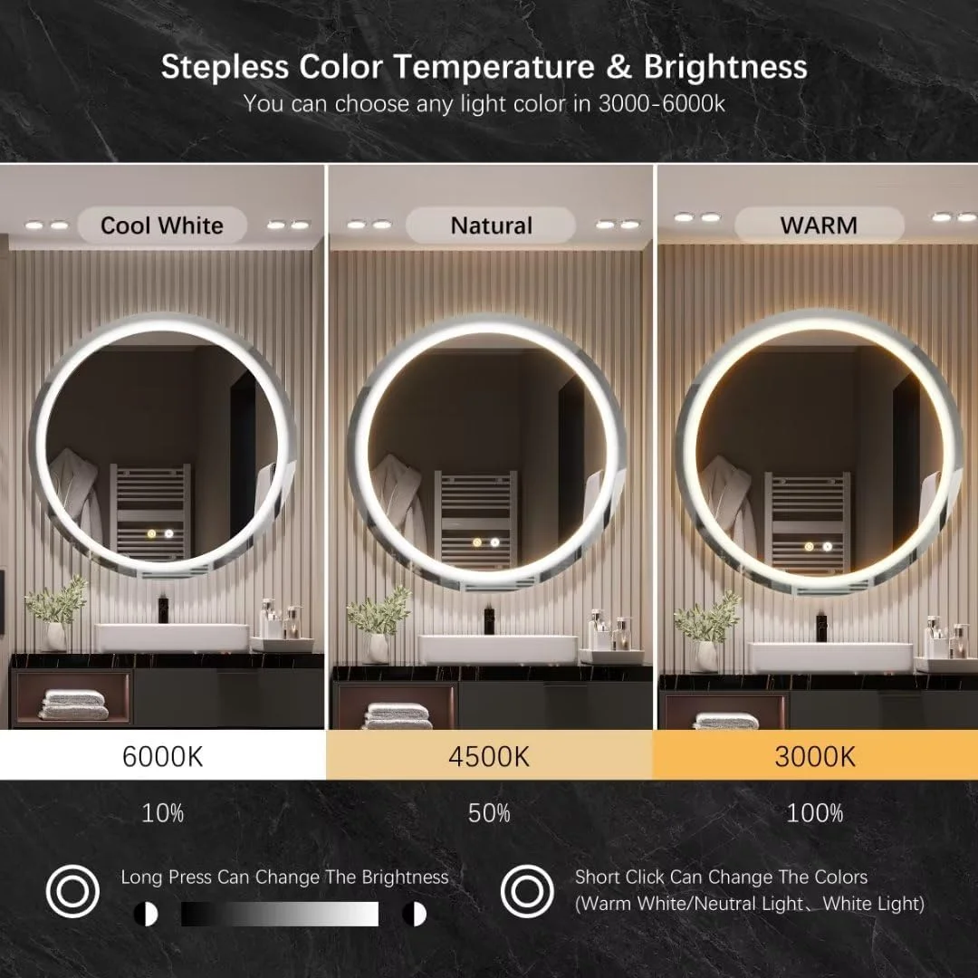 Moonee Round led Bathroom Mirror,32 Inch Front Lighted Smart Mirror Bathroom,3 Color Circle led Light Mirror,Round Bathroom Mirrors Wall Mounted,Anti-Fog,Framless,Dimmable,CRI90+,IP54 Waterproof Moonee Round led Bathroom Mirror,32 Inch Front Lighted Smart Mirror Bathroom,3 Color Circle led Light Mirror,Round Bathroom Mirrors Wall Mounted,Anti-Fog,Framless,Dimmable,CRI90+,IP54 Waterproof