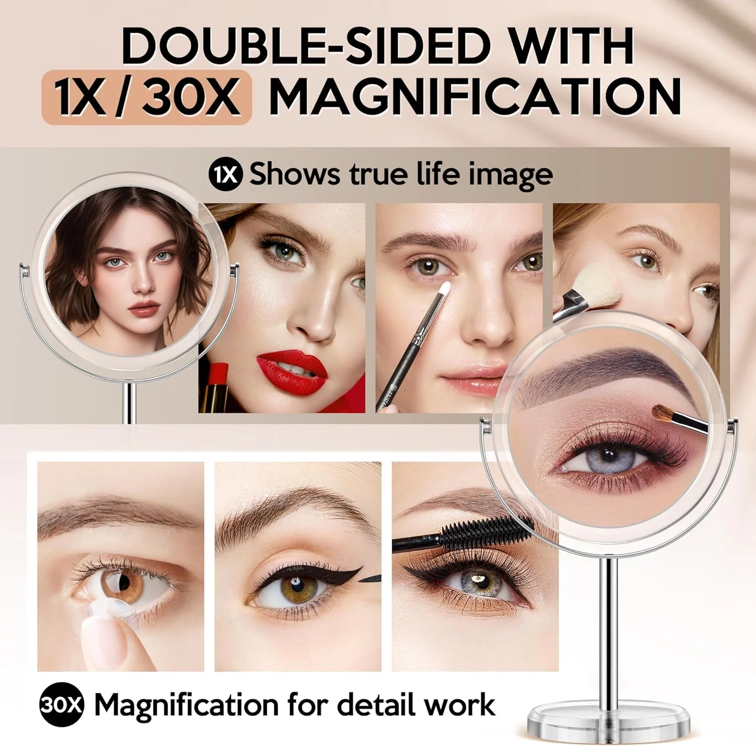 آینه بزرگنمایی موموکوبا 30x، آینه آرایشی دو طرفه 1x و 30x، آینه رومیزی، آینه آرایشی با بزرگنمایی با چرخش 360 درجه، آینه اصلاح صورت برای اتاق خواب و حمام