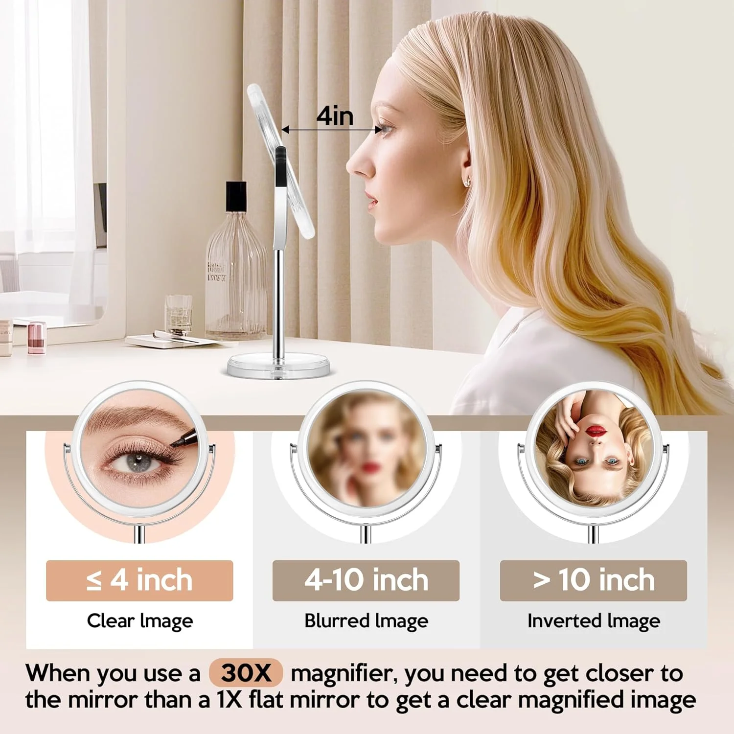 آینه بزرگنمایی موموکوبا 30x، آینه آرایشی دو طرفه 1x و 30x، آینه رومیزی، آینه آرایشی با بزرگنمایی با چرخش 360 درجه، آینه اصلاح صورت برای اتاق خواب و حمام