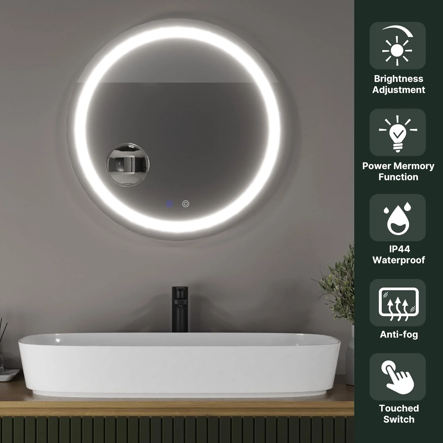 آینه گرد 600 میلیمتری موندیر مناسب حمام با چراغهای LED، آینه روشویی دیواری نورانی با قابلیت تنظیم 3 رنگ نور، ضد بخار و دارای ذرهبین 5x، مناسب برای حمام (3000 کلوین - 6500 کلوین) آینه گرد 600 میلیمتری موندیر مناسب حمام با چراغهای LED، آینه روشویی دیواری نورانی با قابلیت تنظیم 3 رنگ نور، ضد بخار و دارای ذرهبین 5x، مناسب برای حمام (3000 کلوین - 6500 کلوین)