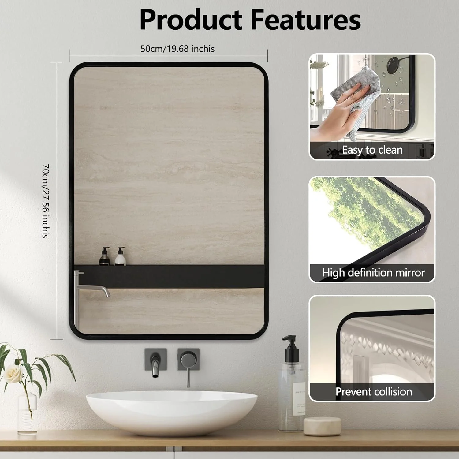 آینه دیواری حمام ModernTop با ابعاد 70×50 سانتی متر - قاب آلیاژ آلومینیوم مشکی، نصب دوگانه افقی/عمودی، آینه مربعی مدرن برای دکوراسیون حمام، طراحی بادوام و مقاوم در برابر زنگ زدگی آینه دیواری حمام ModernTop با ابعاد 70×50 سانتی متر - قاب آلیاژ آلومینیوم مشکی، نصب دوگانه افقی/عمودی، آینه مربعی مدرن برای دکوراسیون حمام، طراحی بادوام و مقاوم در برابر زنگ زدگی