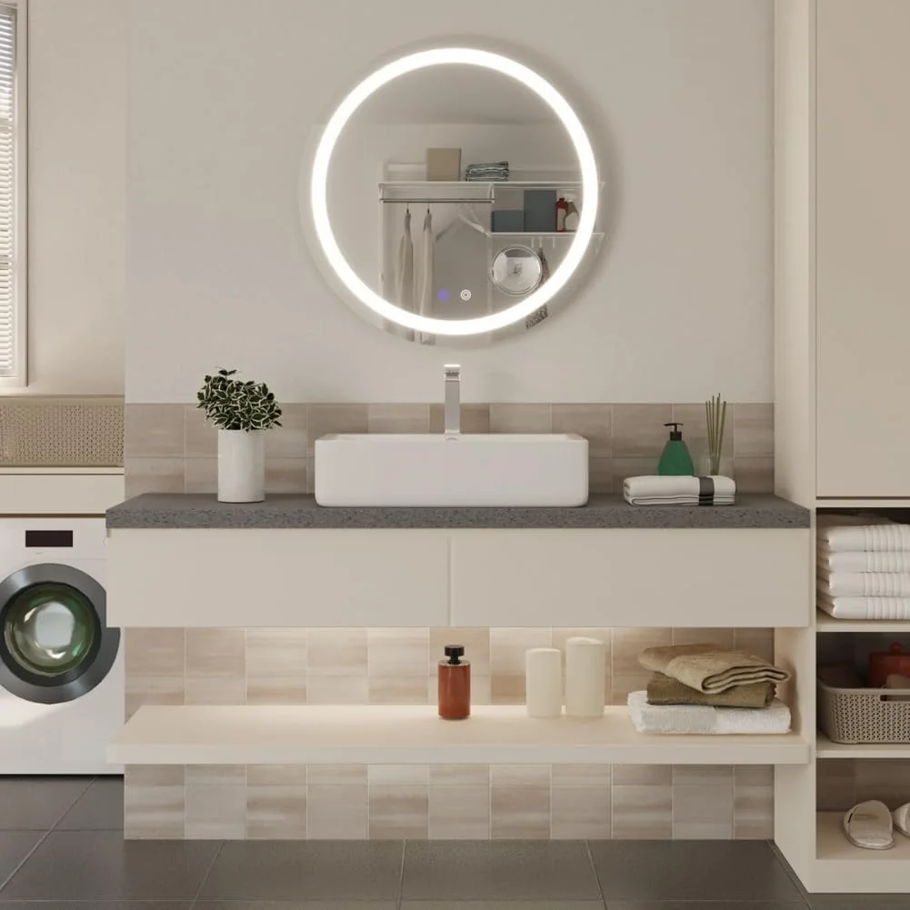 آینه گرد 600 میلیمتری موندیر مناسب حمام با چراغهای LED، آینه روشویی دیواری نورانی با قابلیت تنظیم 3 رنگ نور، ضد بخار و دارای ذرهبین 5x، مناسب برای حمام (3000 کلوین - 6500 کلوین) آینه گرد 600 میلیمتری موندیر مناسب حمام با چراغهای LED، آینه روشویی دیواری نورانی با قابلیت تنظیم 3 رنگ نور، ضد بخار و دارای ذرهبین 5x، مناسب برای حمام (3000 کلوین - 6500 کلوین)