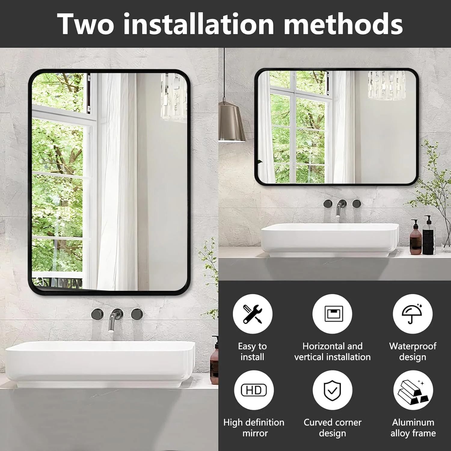 آینه دیواری حمام ModernTop با ابعاد 70×50 سانتی متر - قاب آلیاژ آلومینیوم مشکی، نصب دوگانه افقی/عمودی، آینه مربعی مدرن برای دکوراسیون حمام، طراحی بادوام و مقاوم در برابر زنگ زدگی آینه دیواری حمام ModernTop با ابعاد 70×50 سانتی متر - قاب آلیاژ آلومینیوم مشکی، نصب دوگانه افقی/عمودی، آینه مربعی مدرن برای دکوراسیون حمام، طراحی بادوام و مقاوم در برابر زنگ زدگی