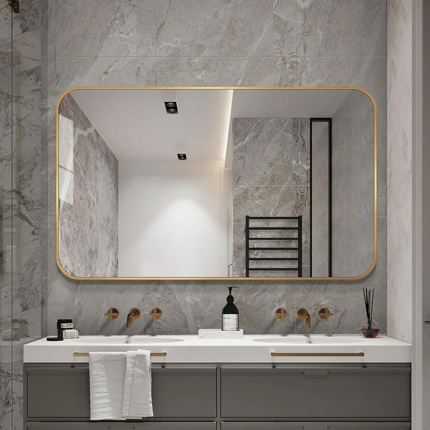 آینه حمام مدرن بزرگ با قاب مشکی، آینه نقره ای 5 میلی متری بدون مس، قاب مشکی، نصب آسان (طلایی، 36 اینچ طول x 30 اینچ عرض) آینه حمام مدرن بزرگ با قاب مشکی، آینه نقره ای 5 میلی متری بدون مس، قاب مشکی، نصب آسان (طلایی، 36 اینچ طول x 30 اینچ عرض)