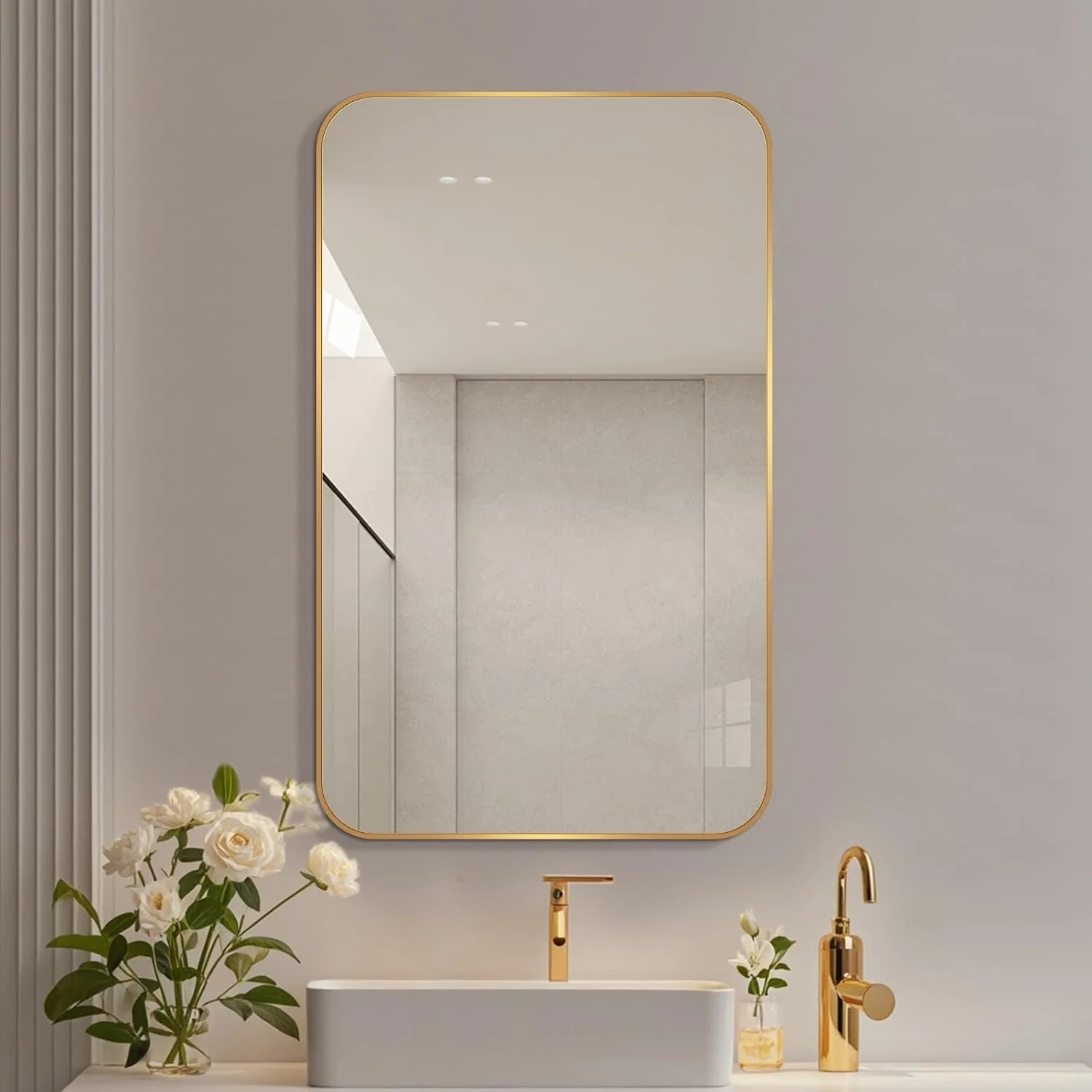 آینه حمام مدرن بزرگ با قاب مشکی، آینه نقره ای 5 میلی متری بدون مس، قاب مشکی، نصب آسان (طلایی، 36 اینچ طول x 30 اینچ عرض)