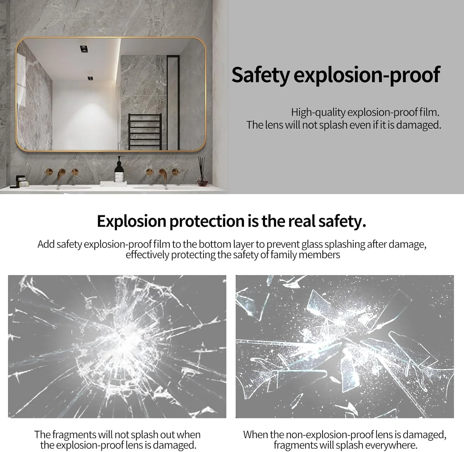 آینه حمام مدرن بزرگ با قاب مشکی، آینه نقره ای 5 میلی متری بدون مس، قاب مشکی، نصب آسان (طلایی، 36 اینچ طول x 30 اینچ عرض)