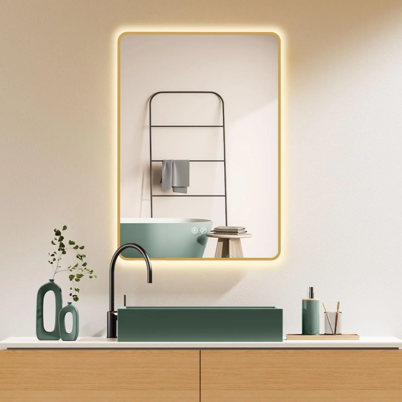 آینه حمام LED ضد بخار HOKO® Missouri با ابعاد 60x80 سانتی متر / 80x60 سانتی متر با قاب فلزی طلایی، نصب به صورت افقی و عمودی، دارای کلید لمسی + تغییر نور 2700-6500 کلوین سفید گرم و سفید سرد آینه حمام LED ضد بخار HOKO® Missouri با ابعاد 60x80 سانتی متر / 80x60 سانتی متر با قاب فلزی طلایی، نصب به صورت افقی و عمودی، دارای کلید لمسی + تغییر نور 2700-6500 کلوین سفید گرم و سفید سرد